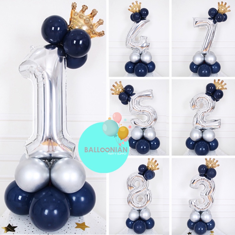 STANDING DIY ANGKA MID BLUE SILVER DEKORASI/DEKORASI ULANG TAHUN/BALON FOIL ANGKA