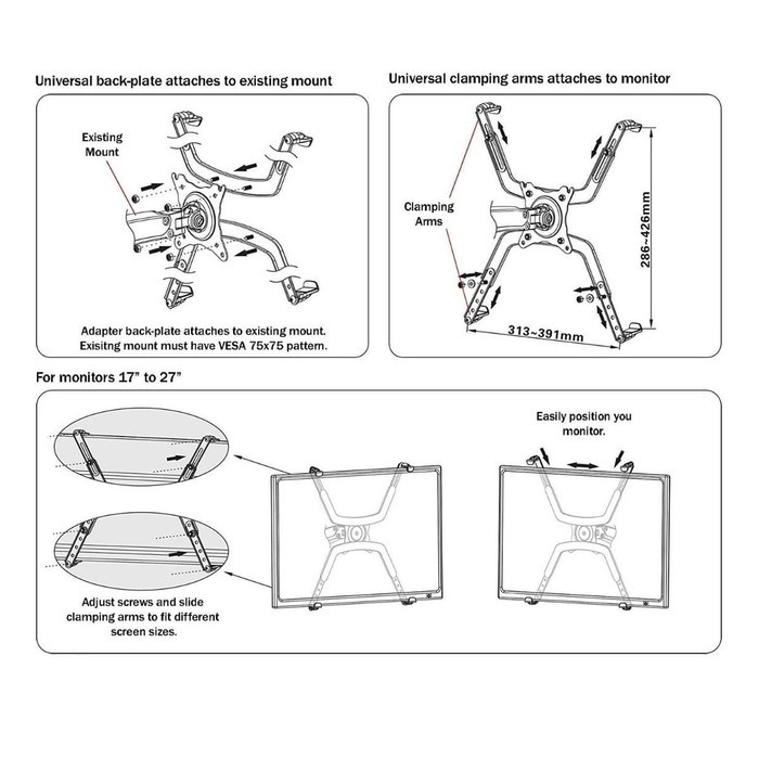 NB FP-1 North Bayou Extension VESA Adapter Fixing Bracket Monitor Holder  Support for 17 - 27 inch No Mounting Hole