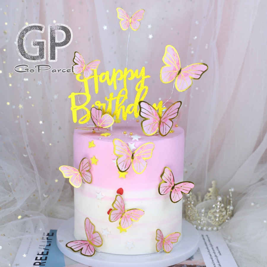 Pink Butterfly Cake Topper Set with Happy Birthday Indonesia