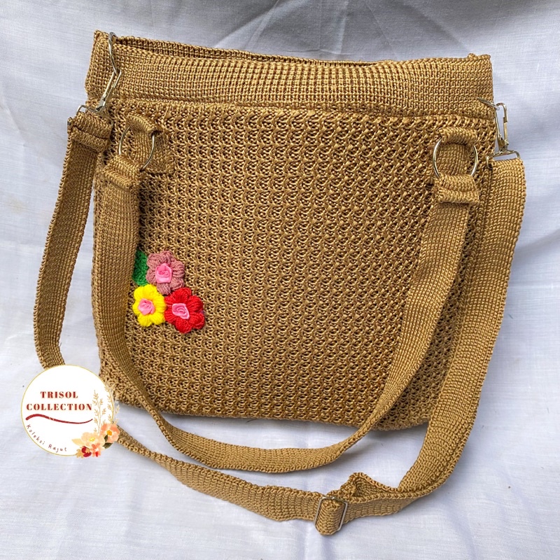 Jual TAS SELEMPANG RAJUT BUNGA / SLINGBAG RAJUT / FLAP BAG / TAS DUA
