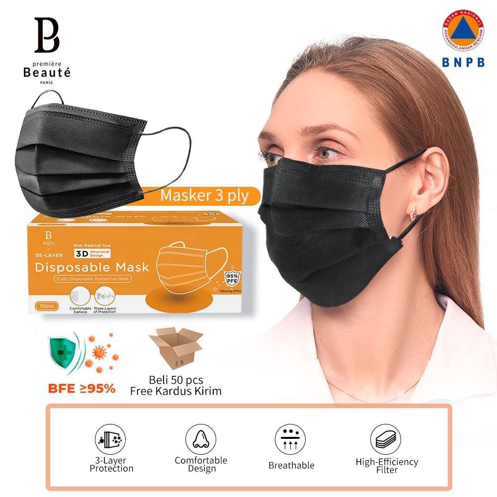 Jual Disposable Masker 3 ply 50 pcs Earloop Medis BFE 95% Korea Hitam ...