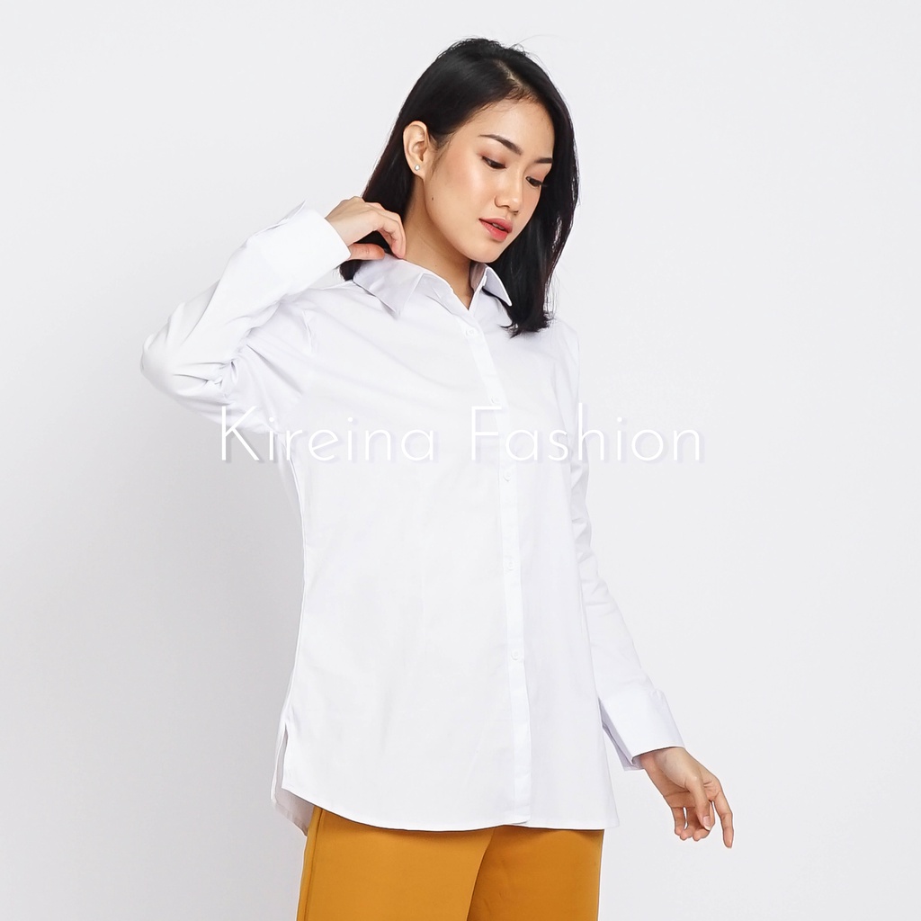 Jual Kireina Kemeja Putih Wanita Lengan Panjang Hem Formal Kantor Bahan Katun Stretch Melar 5635