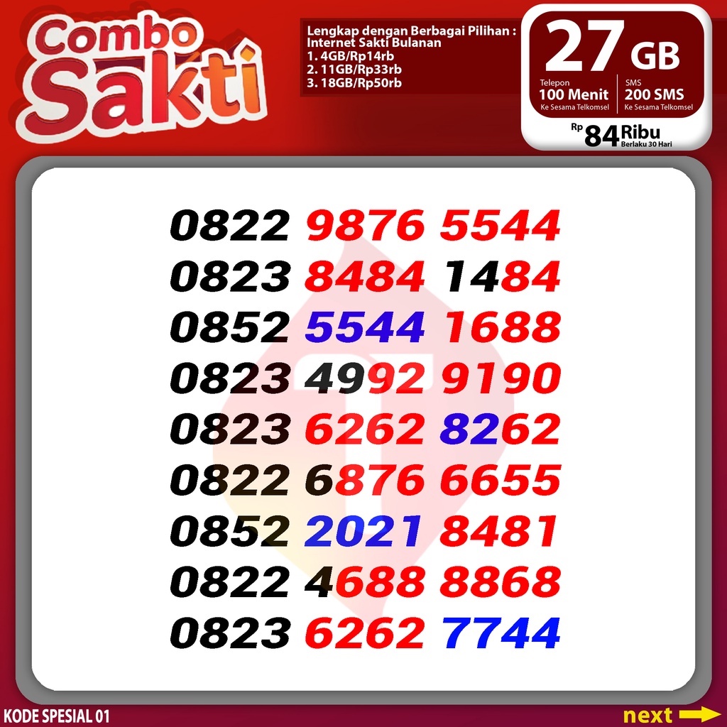 Jual Kartu Sakti Nomor Cantik 27 GB Combo Nelpon 100 menit 200 SMS