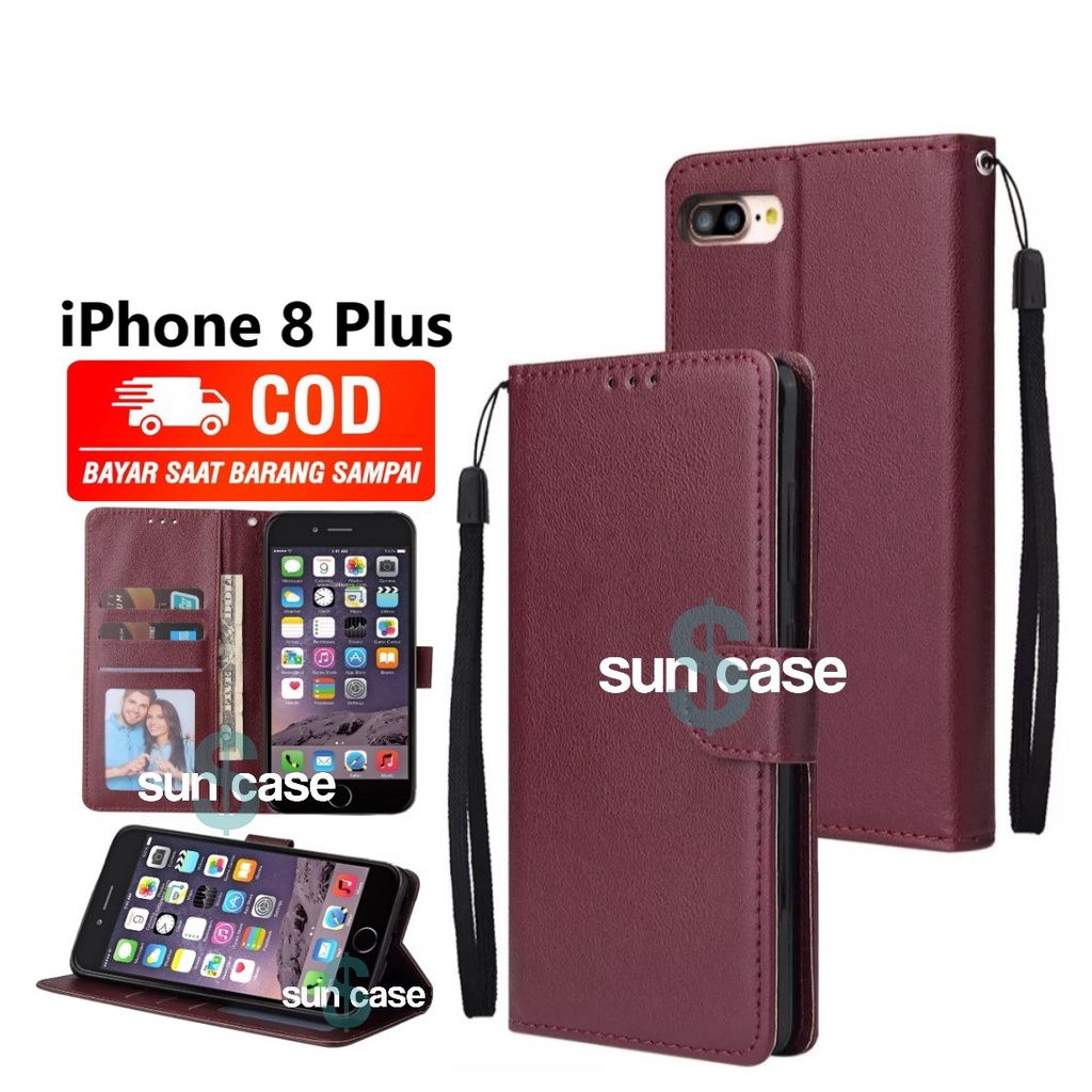 Casing iPhone Plus model flip buka tutup case kulit ada tempat foto dan  kartu juga tali hp flip cover