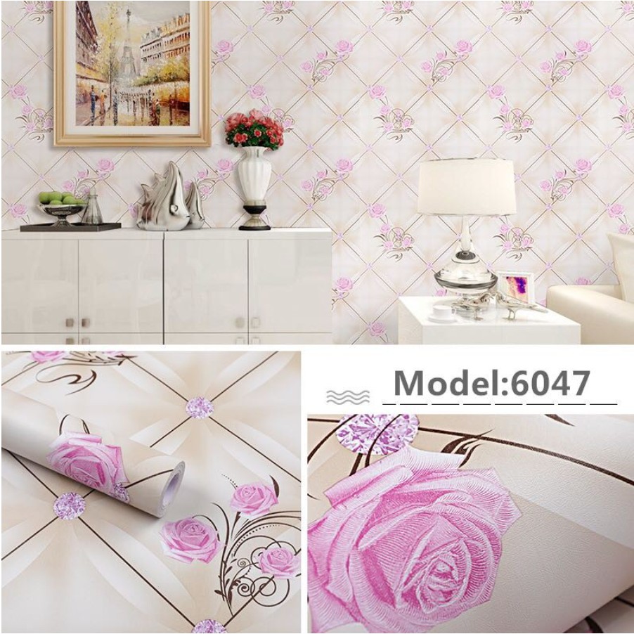 Jual Wallpaper Dinding Ukuran 45 Cm X 10 M Motif Bunga Rose Ungu Kotak