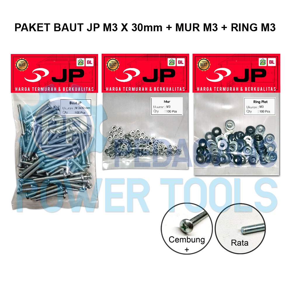 Jual PAKET 3 SET JP M 3x30 BAUT MUR RING PLAT M 3 X 30 MUR M3 ISI 100