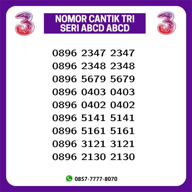 Jual NOMOR CANTIK KARTU TRI THREE SERI ABCD ABCD | Shopee Indonesia