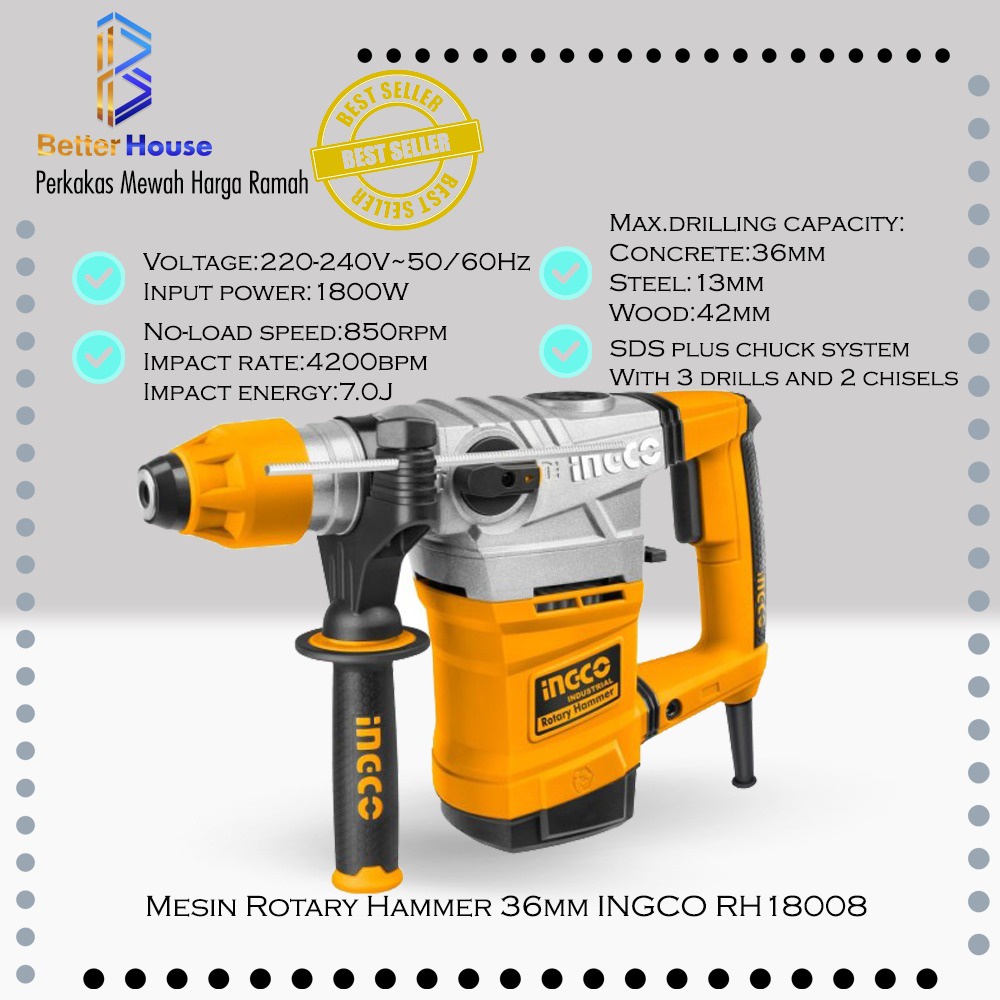 Jual MESIN BOBOK BETON 36MM BOR 3 FUNGSI ROTARY HAMMER INGCO RH18008