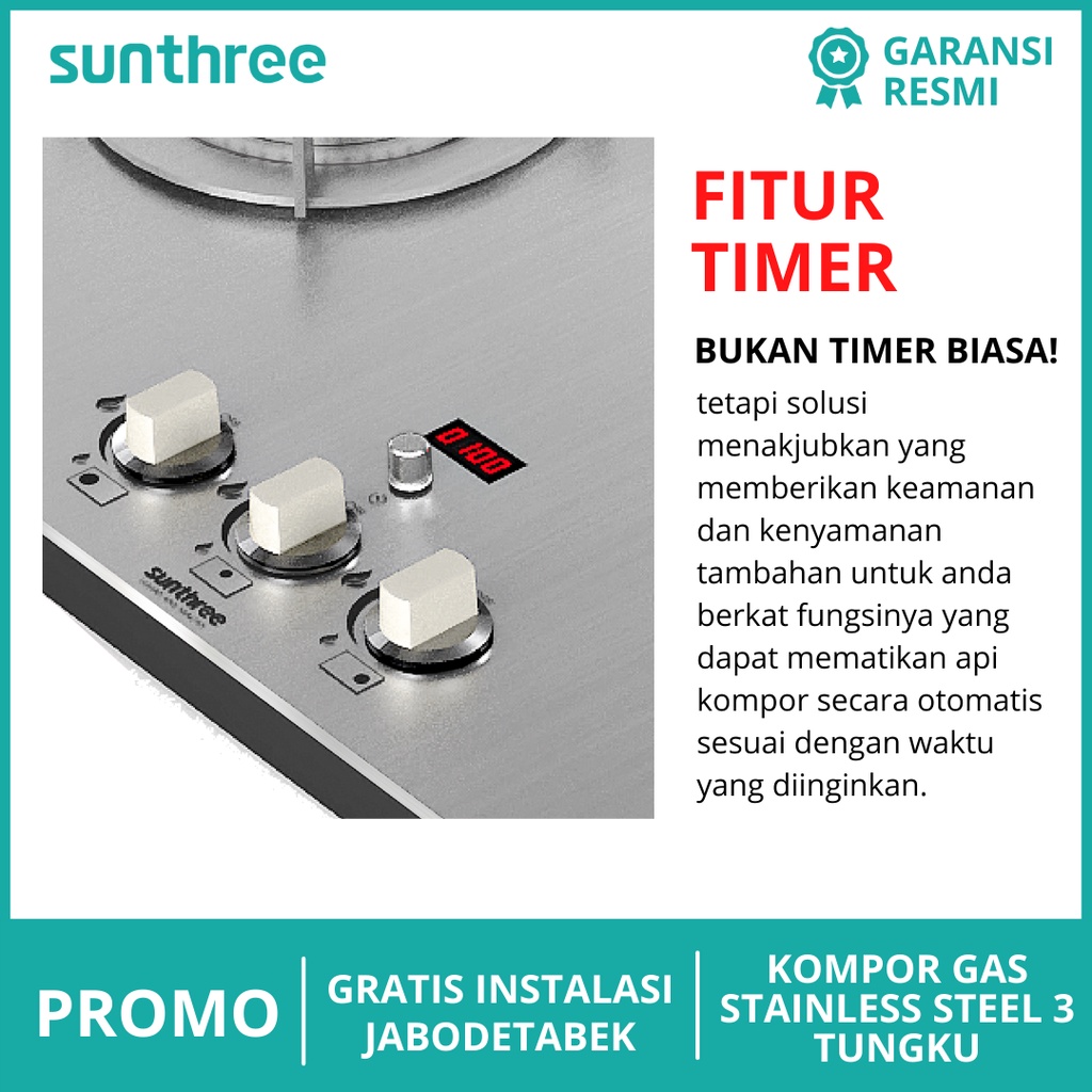 Jual SUNTHREE Kompor gas Tanam Stainless 3 Tungku - GH-3S STH ...