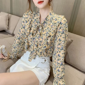 Fashion Korea Style Lengan Panjang Blus Wanita Musim Panas Casual Blouse Motif Bunga Bahan