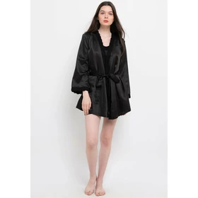 Baju Tidur Wanita Tanktop Dan Kimono Satin Anne Wintours Hitam A2101 71171 Kado Gift Renda Polos