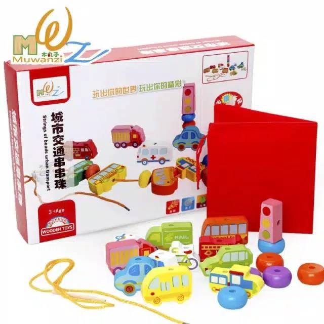 Jual Mainan edukasi anak meronce string of beads urban transport wooden ...