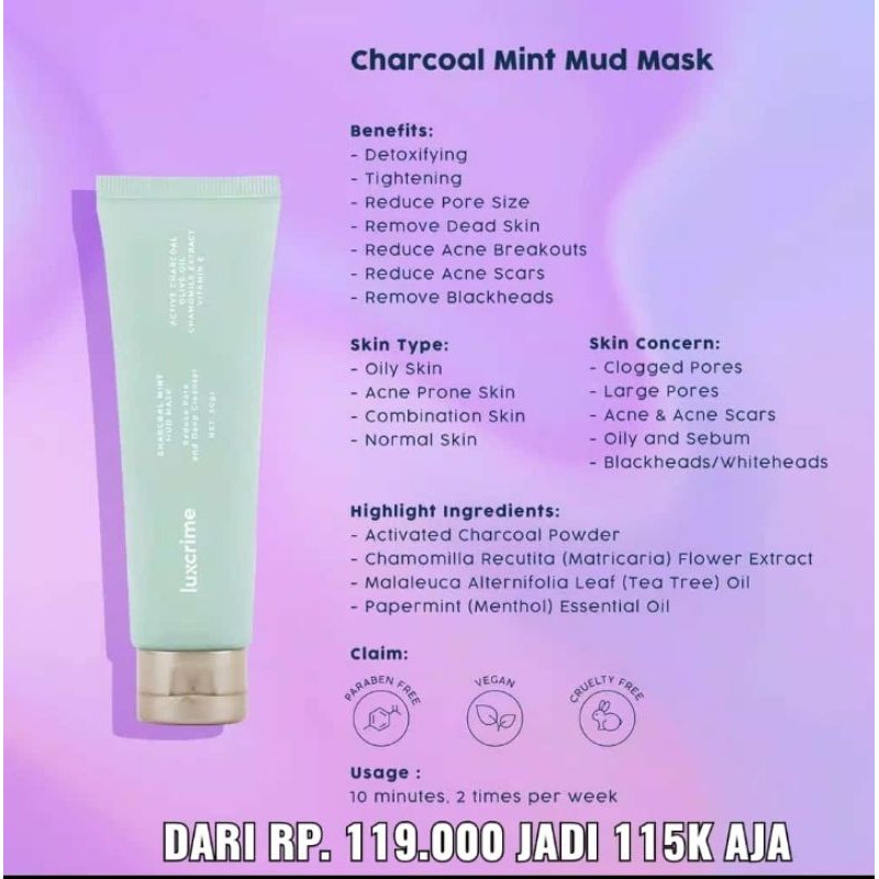 Jual Luxcrime Charcoal Mint Mud Mask Shopee Indonesia