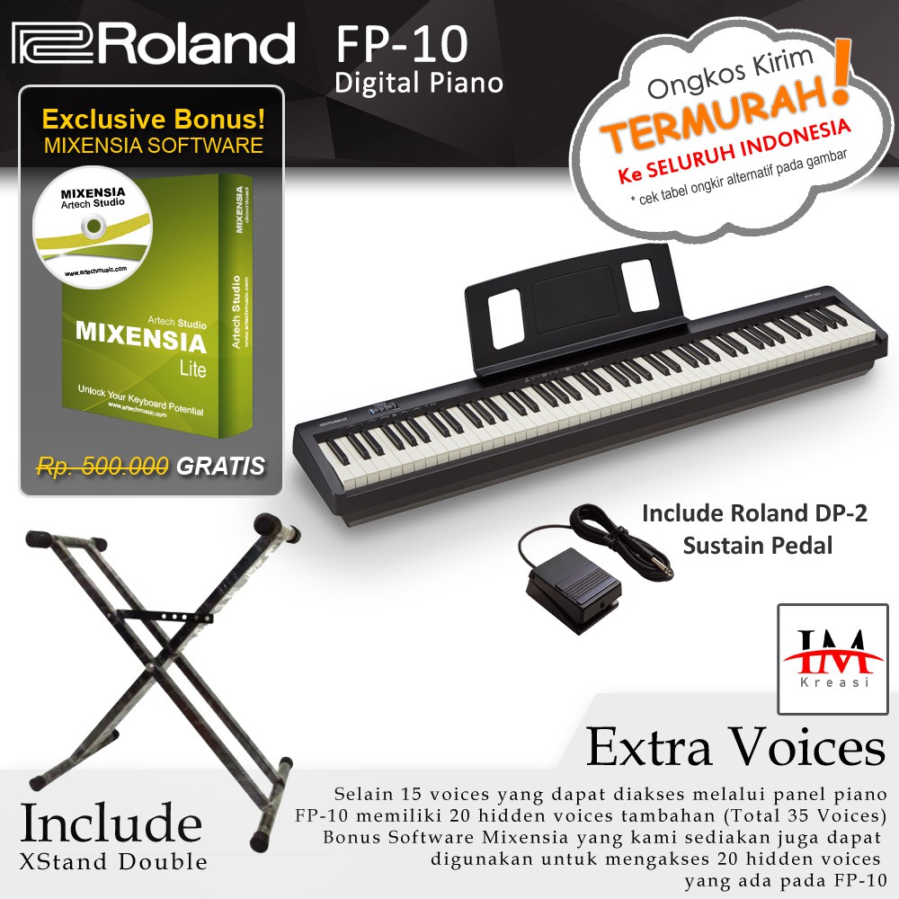 Jual Roland FP10 / FP10 Digital Piano With XStand Double Spek diatas