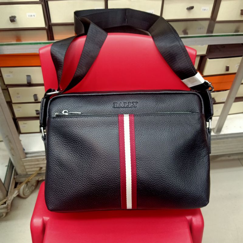 Tas Selempang Bally Leather List Merah putih Messenger Bag Kulit Asli Premium Quality