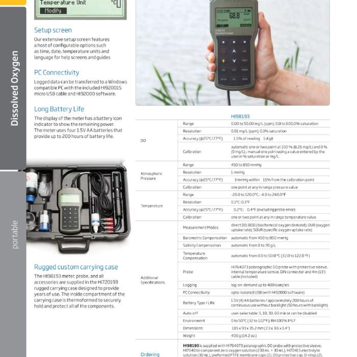 Jual Alat Ukur Waterproof Portable Dissolved Oxygen & Bod Meter Hi98193 ...