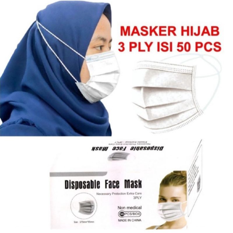 Jual Masker HIJAB Headloop 3 Ply Disposable Mask Warna Warni Hitam ...