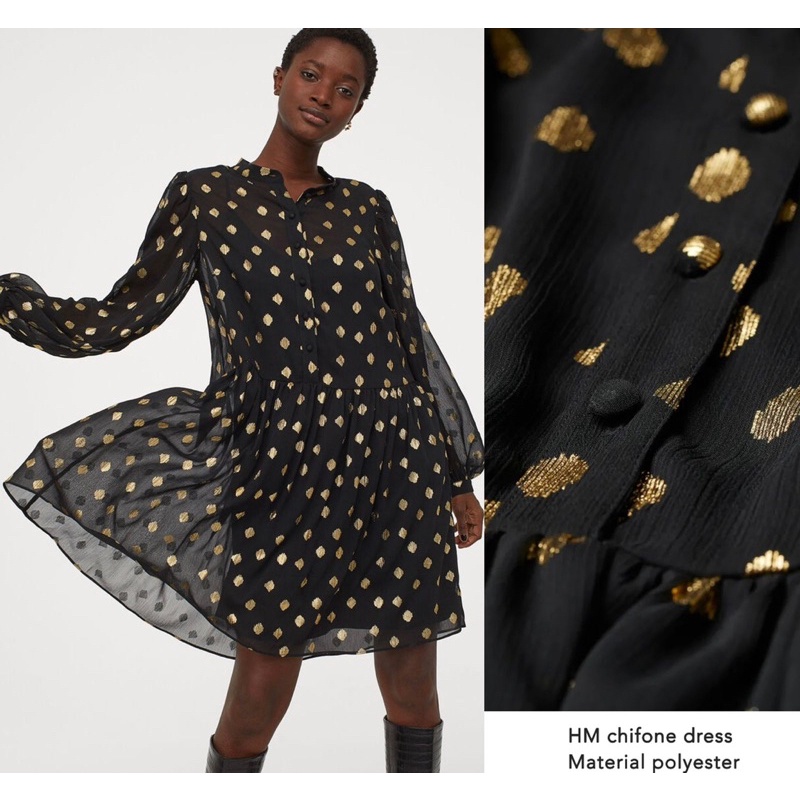 Jual H^m chiffon white tunic dress/H+M printed black gold chiffon dress |  Shopee Indonesia