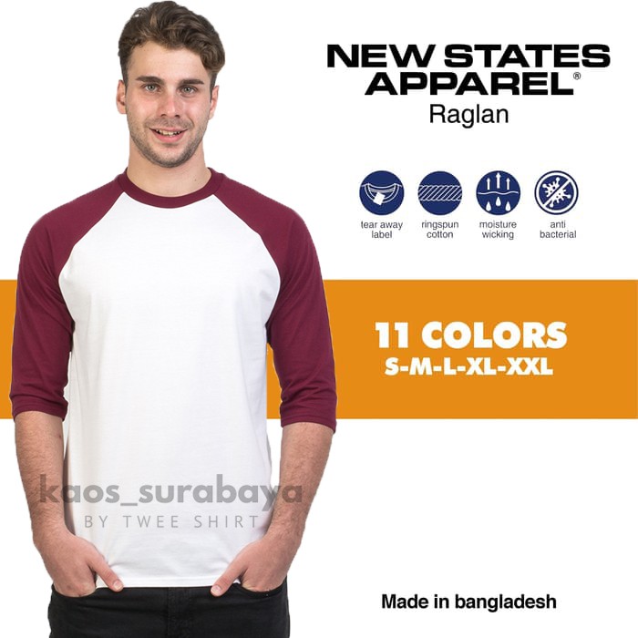 Jual Kaos Polos Raglan Lengan 3/4 New States Apparel (NSA) 7260 Premium ...