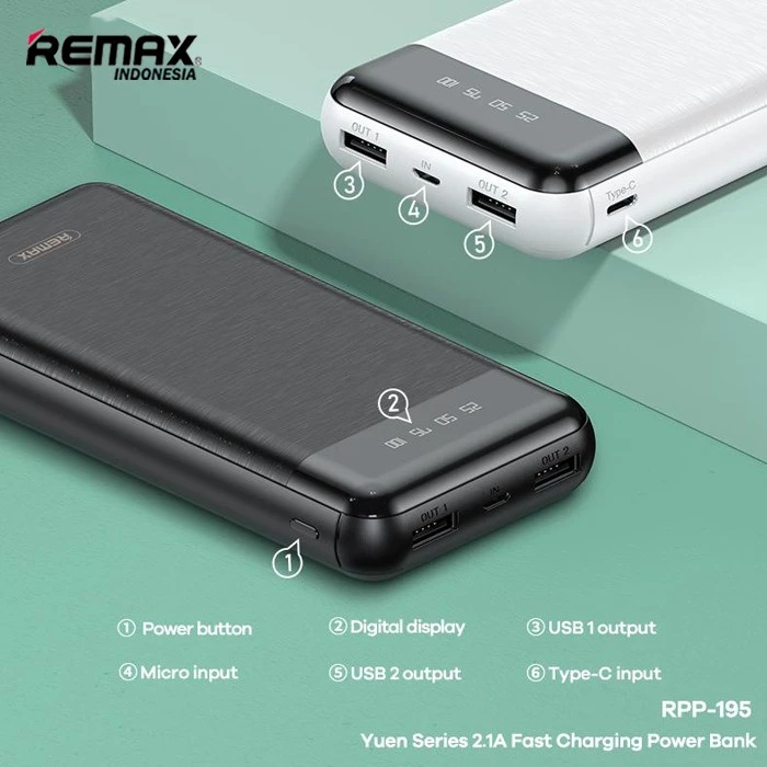 Remax Powerbank 20000mAh With Digital Display 2,1 Ampere RPP-195