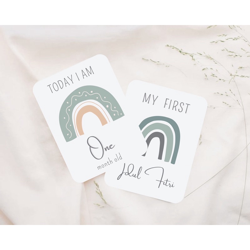Jual Baby milestone card premium neutral rainbow theme free custom name ...