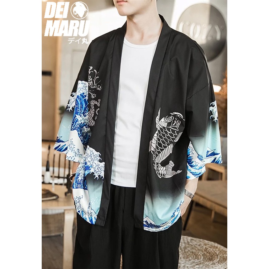 Haori Kimono Pendek Negata Wave Fish Kostum Jepang Happi Black White