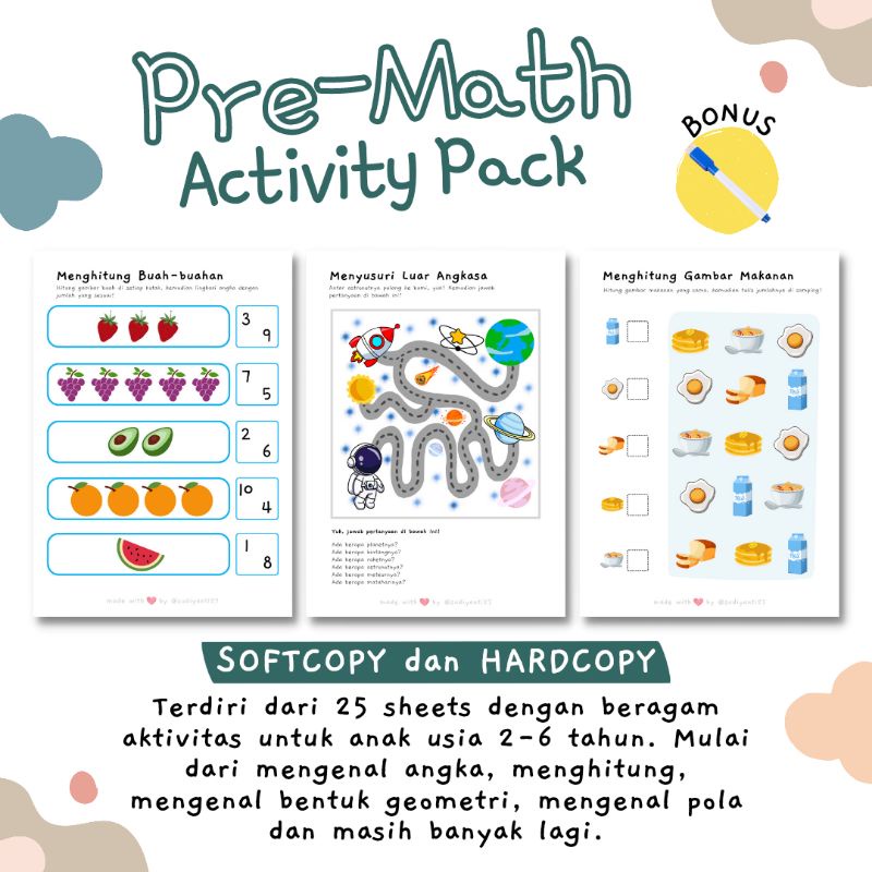 Jual Pre-Math | 25 Worksheets | Ages 2-6 (HARDCOPY) Printable Anak ...