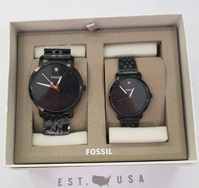 JAM TANGAN FOSSIL COUPLE BQ2399 BLACK STAINLESS STEEL WATCH GIFT SET ORIGINAL