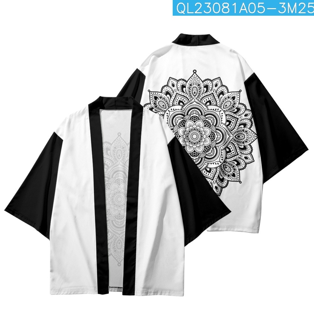 Jual kimono Buddhist Lotus Printed White Japanese Streetwear Cardigan