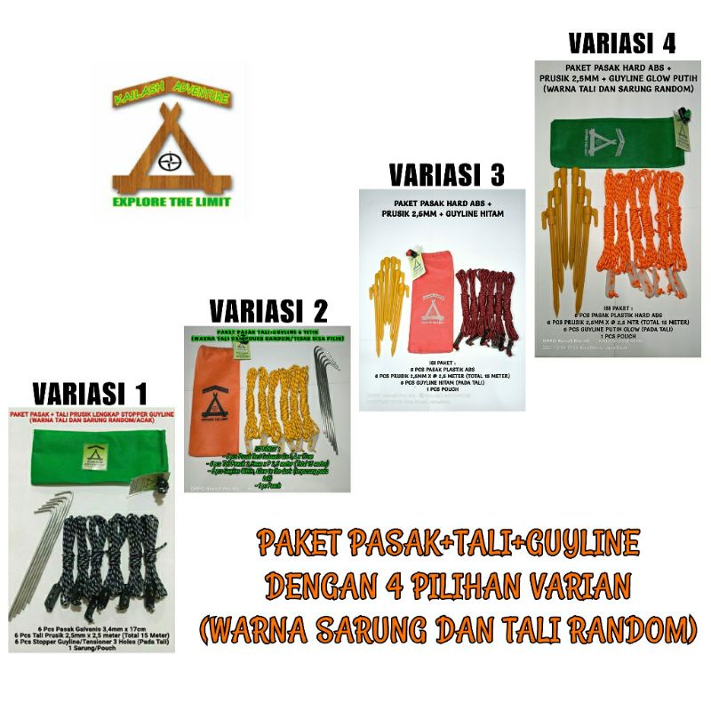(WARNA TALI DAN SARUNG RANDOM) Paket Tali prusik dan Pasak Lengkap guyline 6 titik Untuk Flysheet dan Tenda