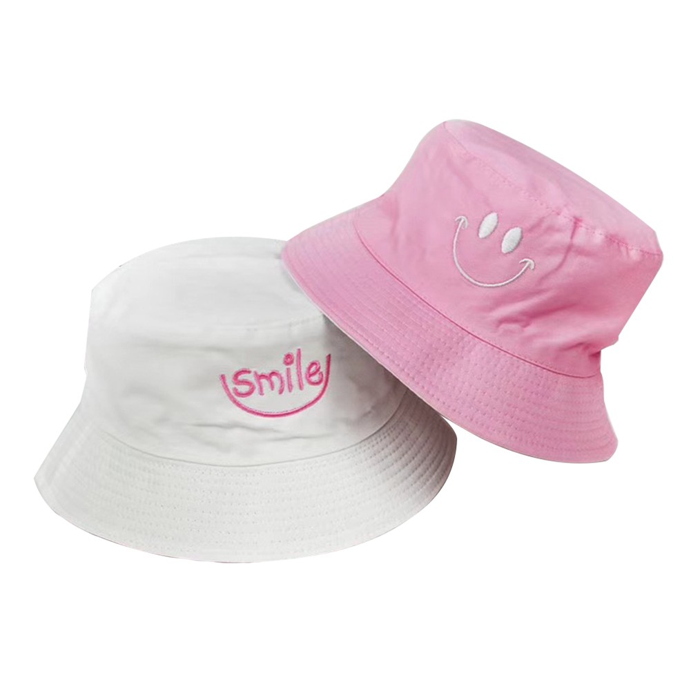 Topi Bucket Wanita / Topi Wanita Motif Smile Bisa Bolak Balik pink