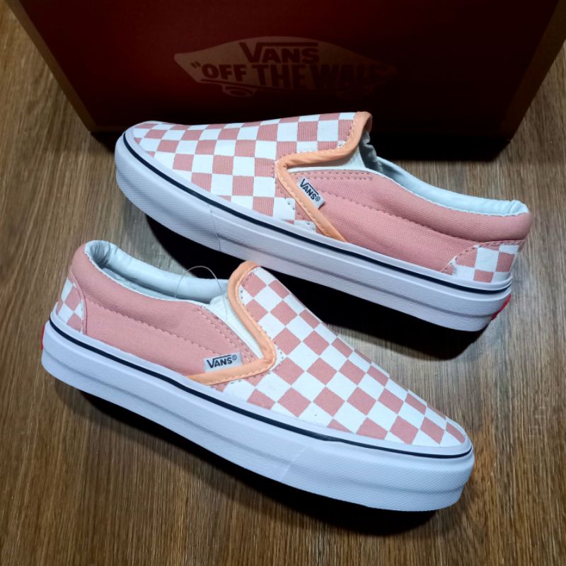 Jual Vans Slip On Women Checkerboard Peach White Wanita Shopee Indonesia