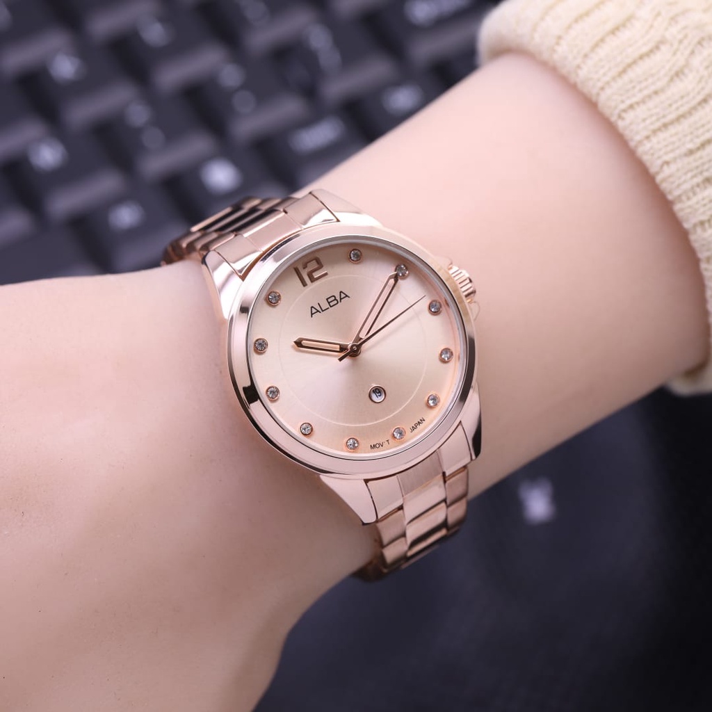 Jual JAM TANGAN WANITA ALBA STRAP RANTAI STAINLESS TANGGAL AKTIF FREE