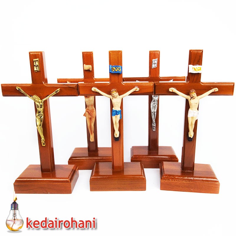 Jual Salib Duduk Meja Kayu Jati Courpus Patung Yesus Inri 21 cm Cocok ...