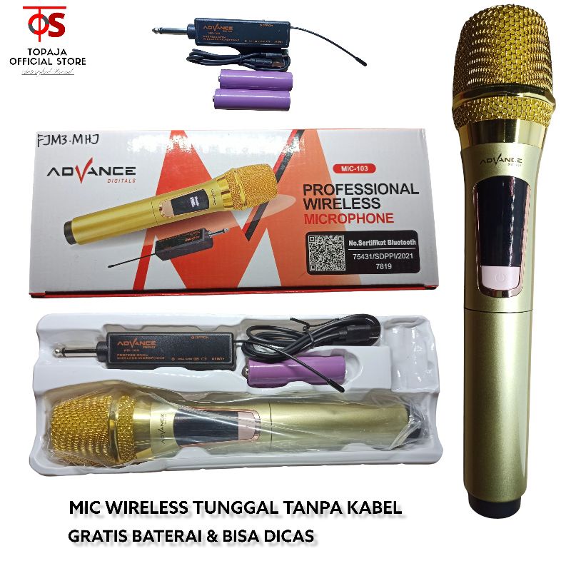 ADVANCE Mic Wireless Professional Single Microphone 103 Tanpa Kabel With Baterai Re Charge Bisa Dicas