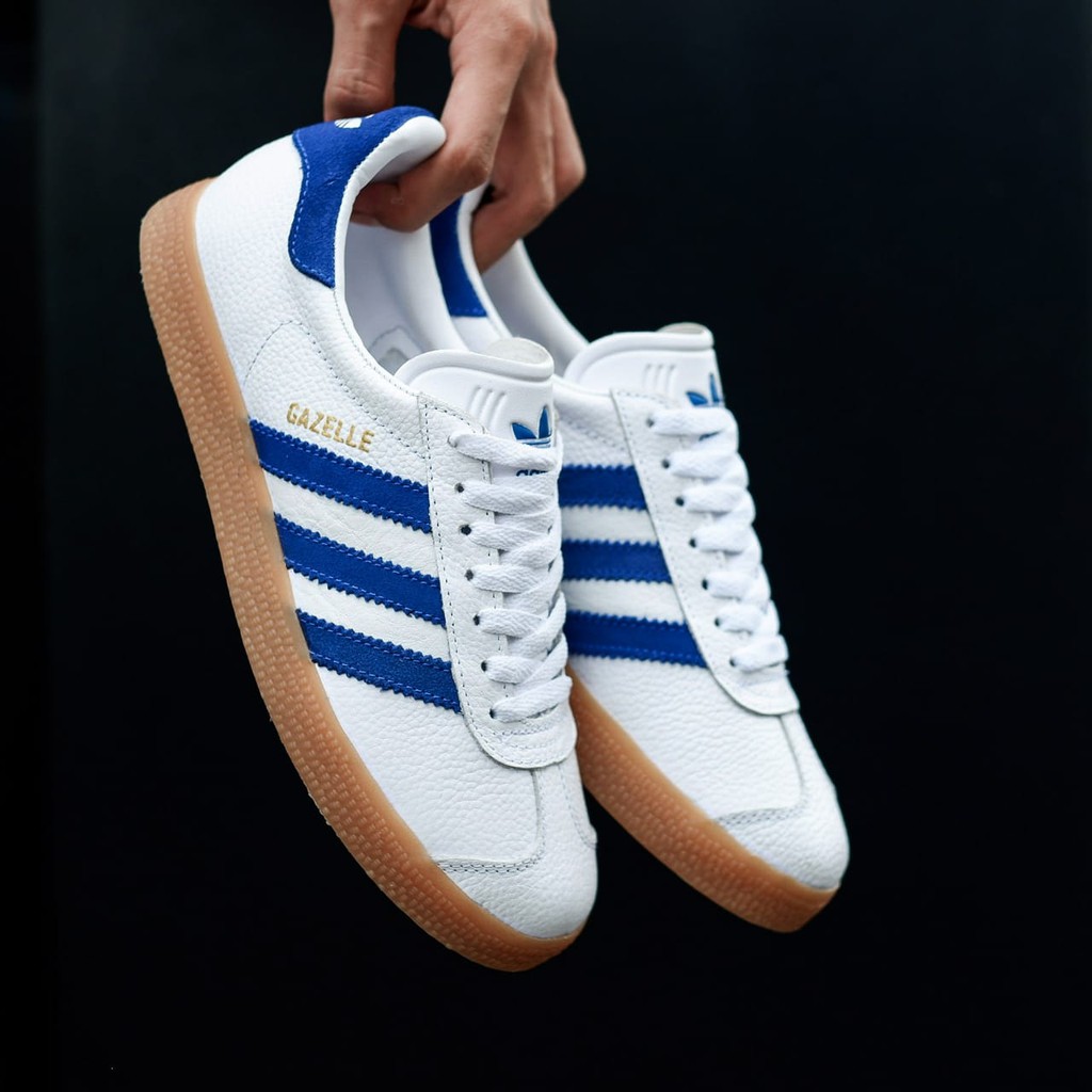 Adidas gazelle white blue stripes sale