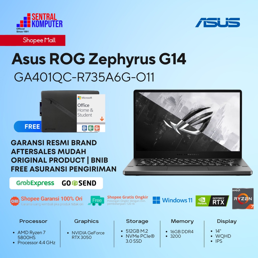 Jual Asus ROG Zephyrus Ryzen 7-5800H-RTX3050-8GB-512GB-Win 11+OHS ...
