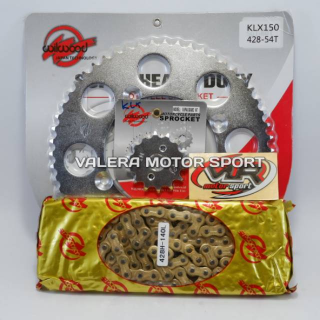 Jual gear set klx 150 wilwood 428 gold ukuran 46 48 50 52 54 55