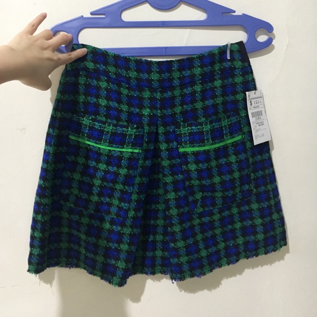 Jual Zara Mini blue green tweed wool Skirt rok zara Shopee Indonesia