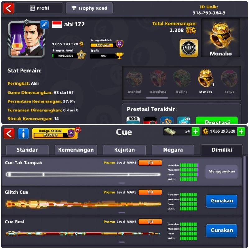 Jual Akun 8 ball pool 3 cue max  koin 1B Shopee Indonesia
