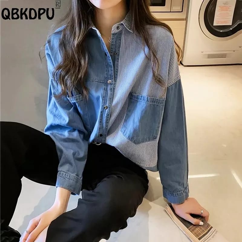 Jual SEVEN.CLOTH KEMEJA JEANS KOMBINASI KATUN MOTIF SALUR / KEMEJA ...