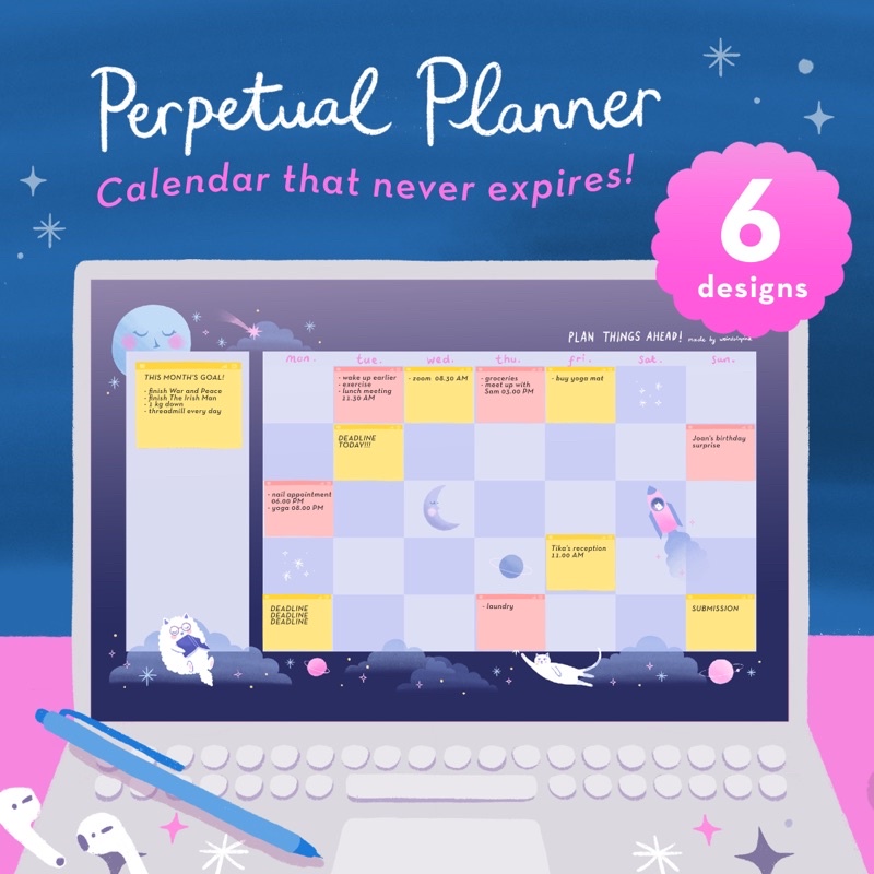 Jual Cute Digital Monthly Planner | Desktop Perpetual Calendar, Desktop ...
