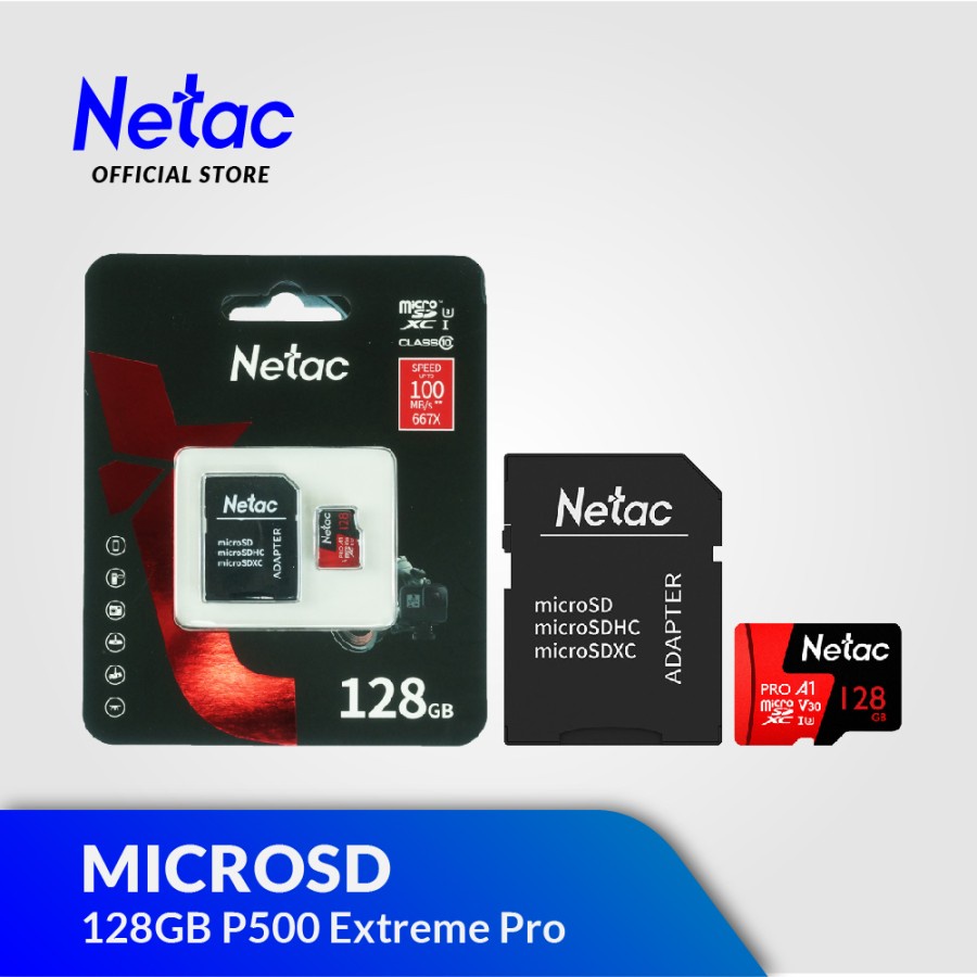 Jual Micro SD 128GB A1V30 NETAC With Adapter P500 EXTREME PRO CLASS10