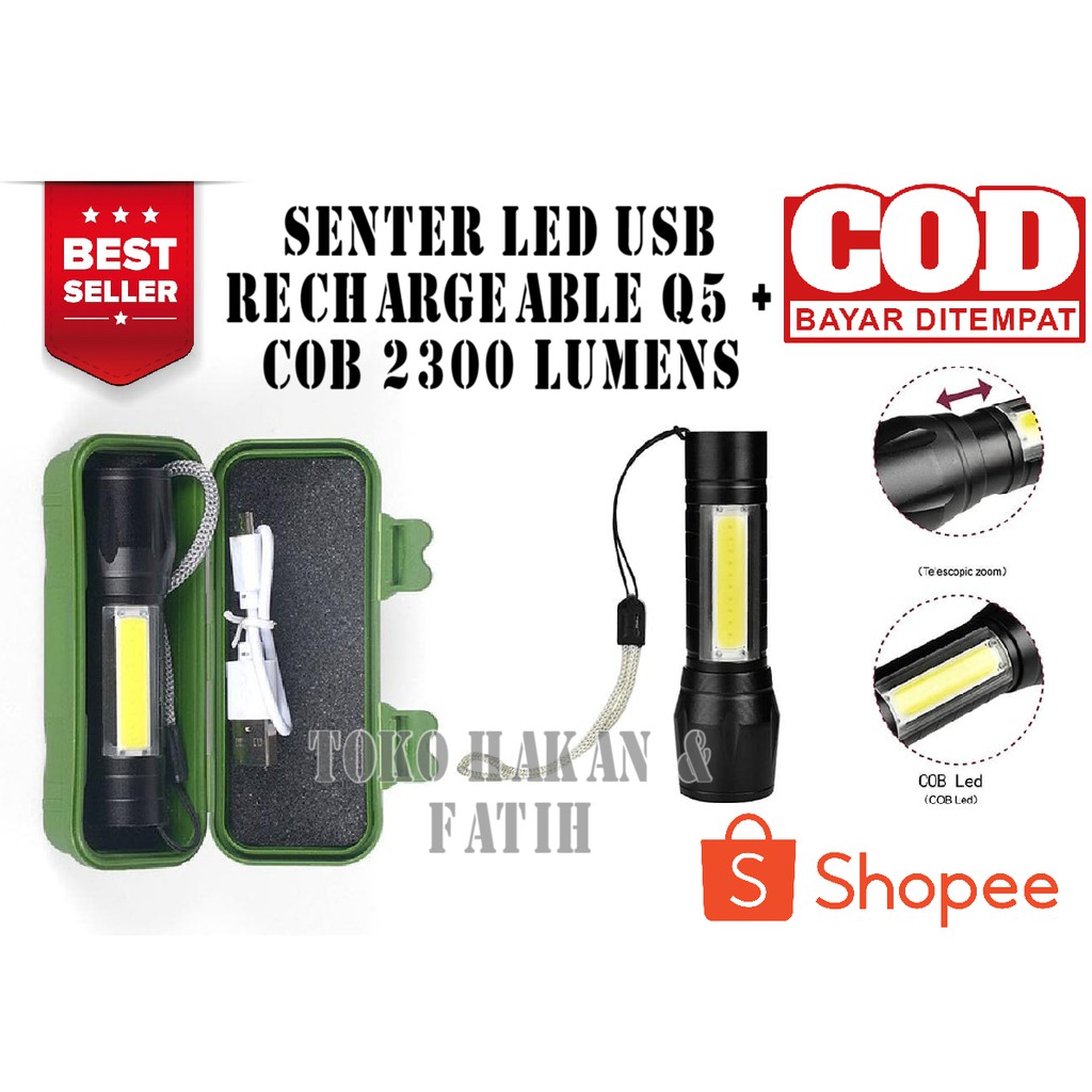 Jual Senter LED Q5 COB 2300 Lumens USB Rechargeable Bonus Box Senter ...