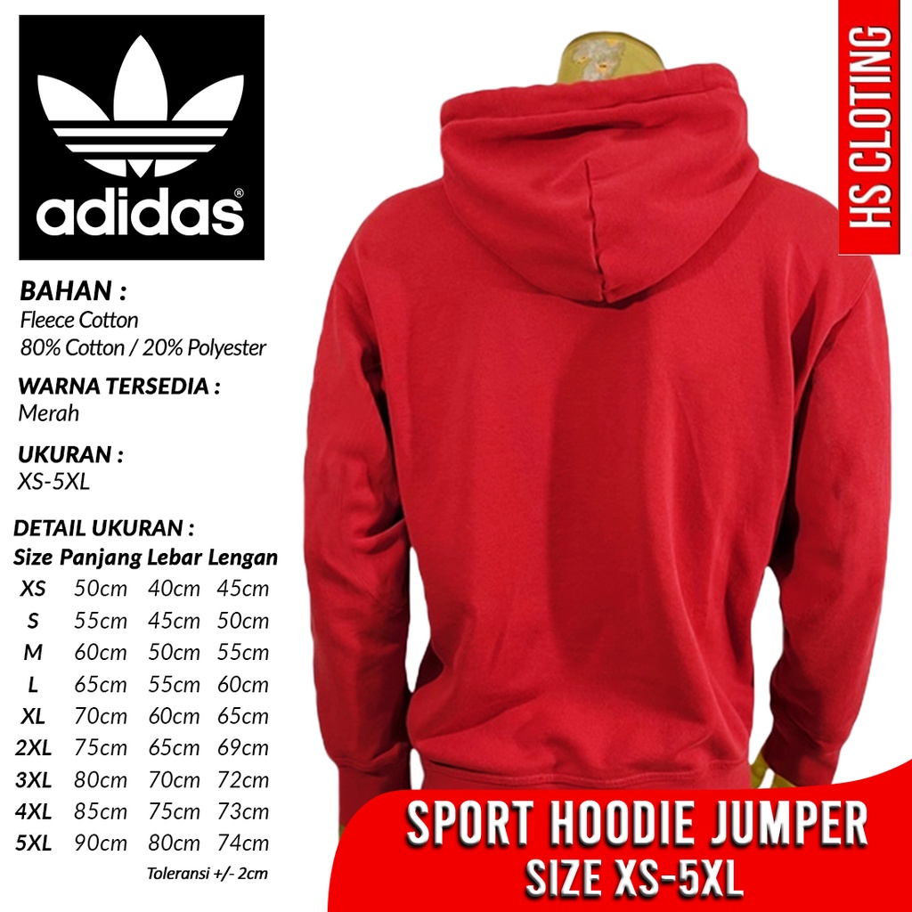Jaket Sport XS 5XL ADIDAS Trefoil 14.1 OZ Sport Hoodie Jumper Merah Bahan Katun Fleece Ukuran Jumbo Big Size XS S M L XL XXL 3XL 4XL 5XL
