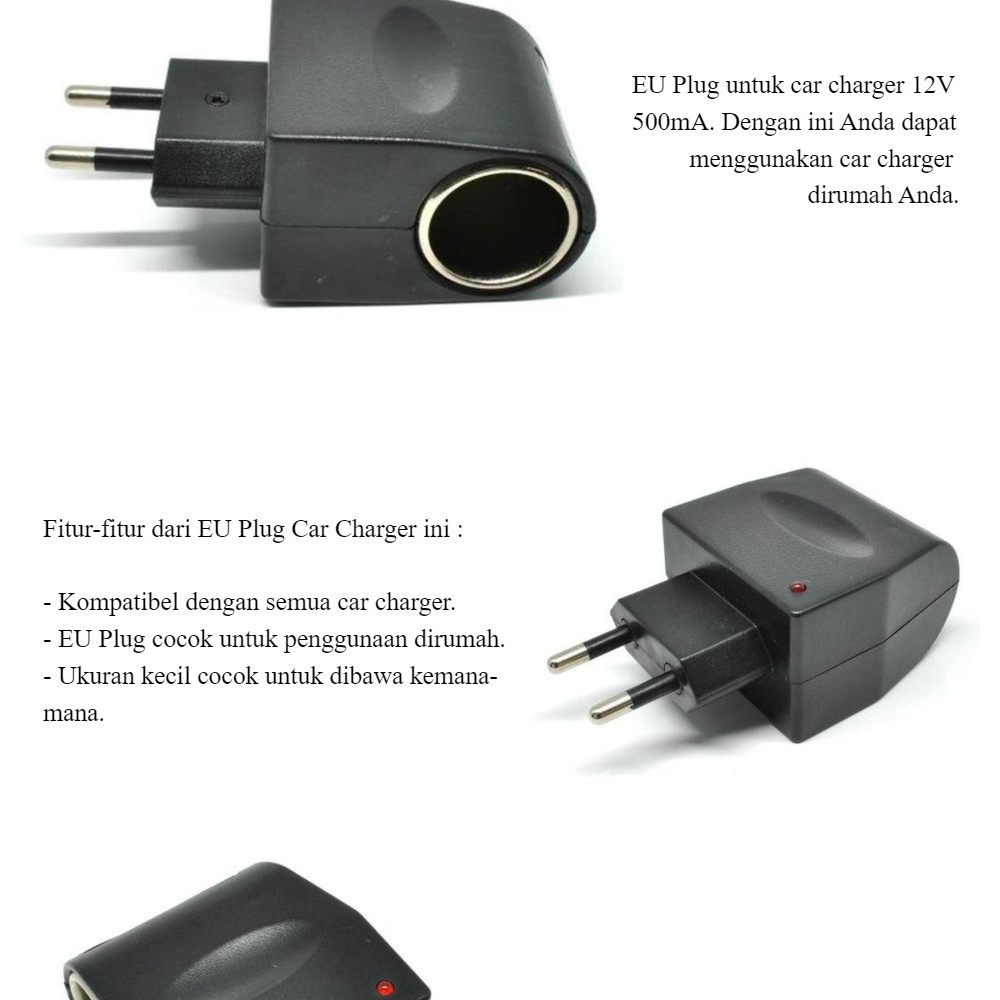 Jual Converter Car Charger Switch ke EU PLUG 12V 500mA Charger Mobil