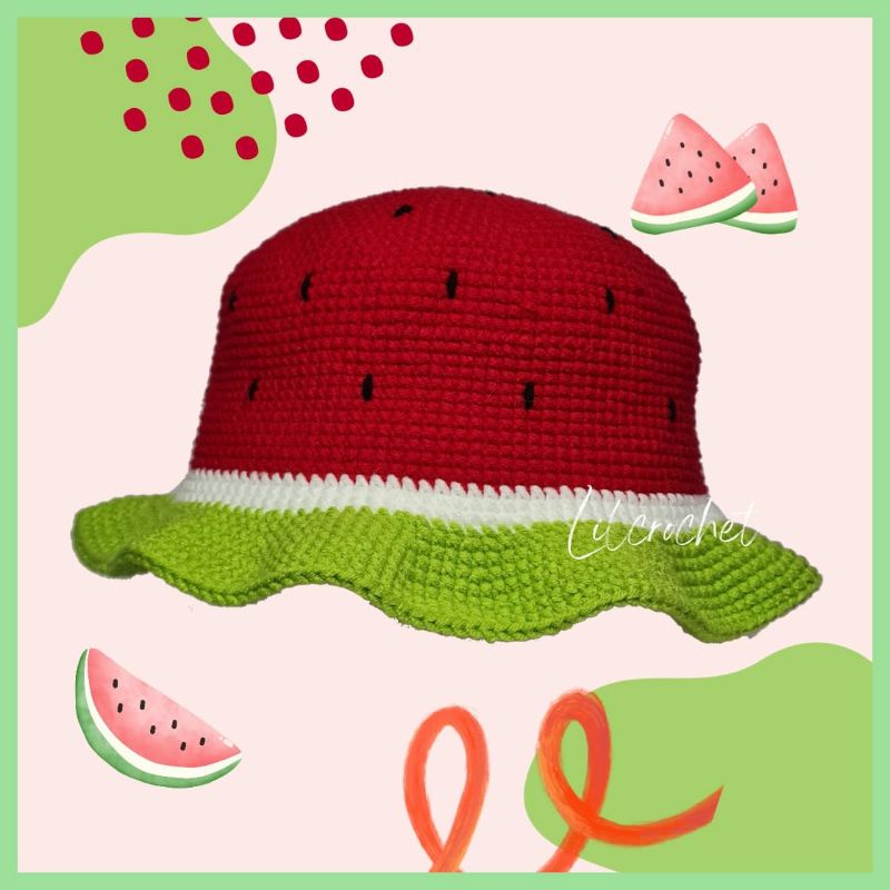 Jual Crochet Watermelon Bucket Hat topi rajut semangka | Shopee Indonesia