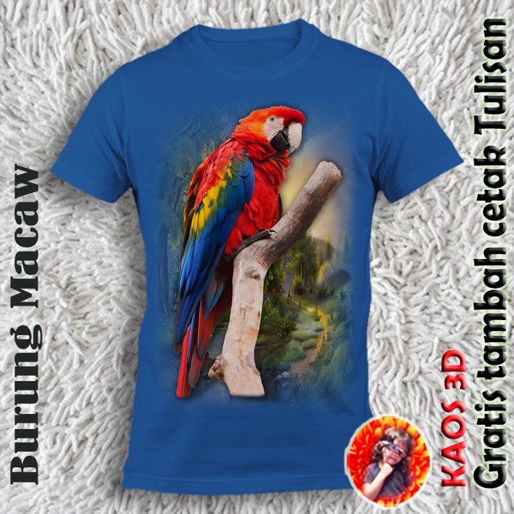 Jual Kaos 3D Lengan Pendek Gambar Burung Macaw Ukuran Dewasa Free