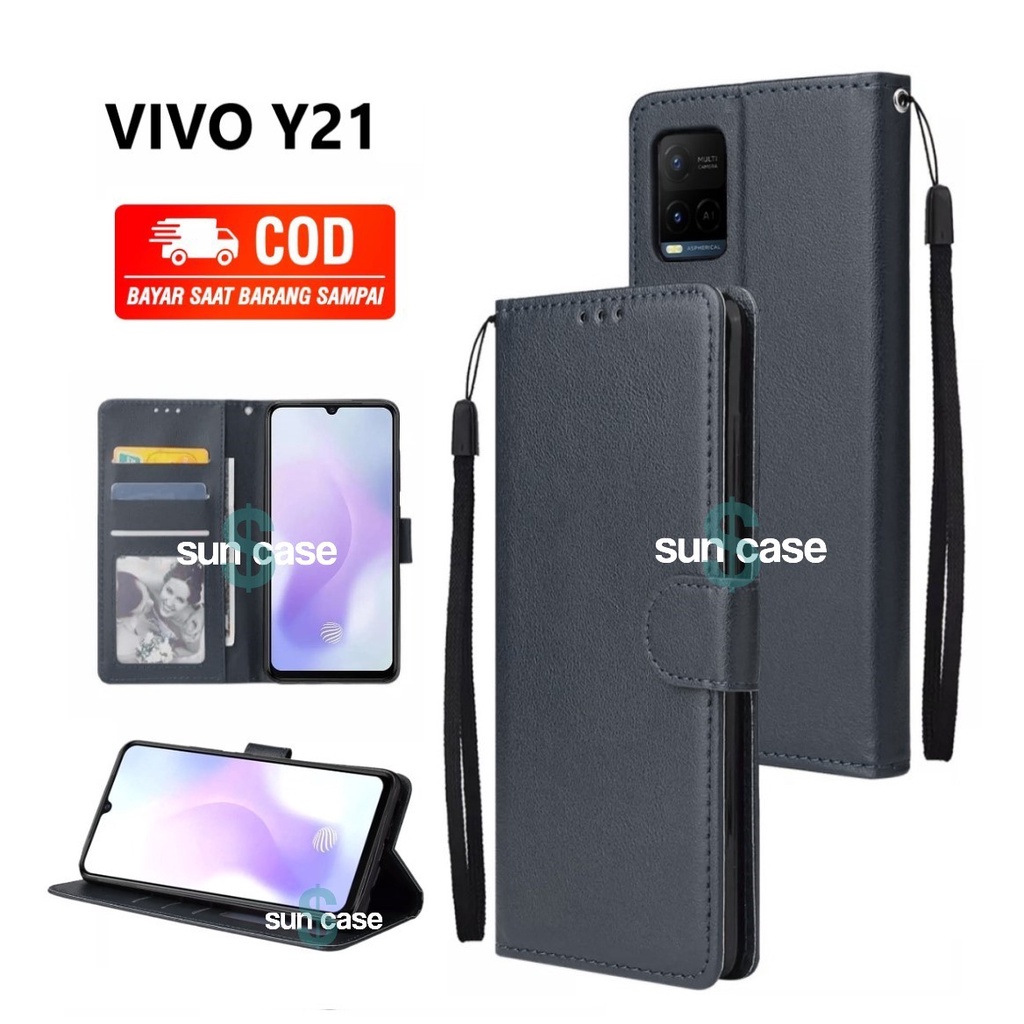 Casing VIVO Y21 model flip buka tutup case kulit ada tempat foto dan kartu  juga tali hp flip cover