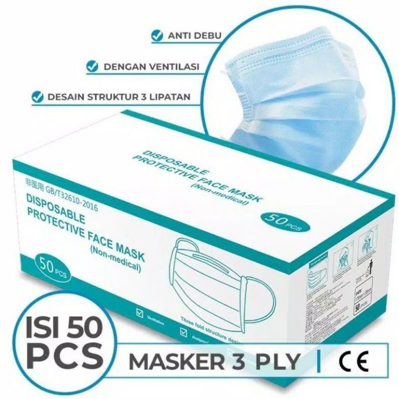 Jual Masker EARLOOP DIPOSIBLE FACE MASK 1BOX ISI 50PCS 3ply Masker ...